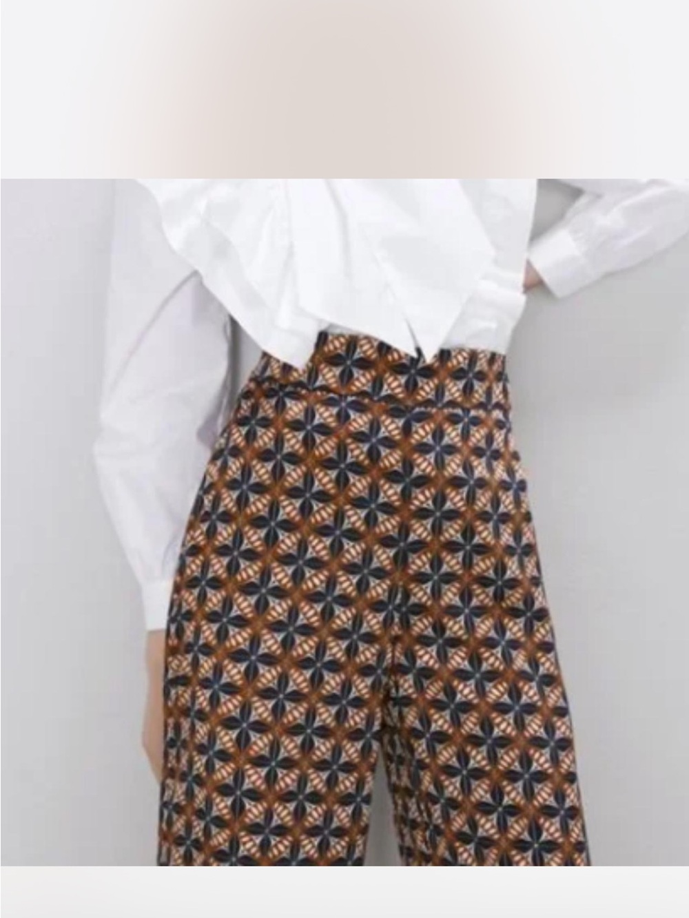Zara Geometric Printed Wide-Leg Trousers in Navy and Brown
